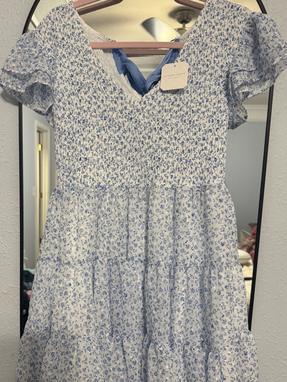 Altar'd State White and Blue Floral Smocked Tiered Dress